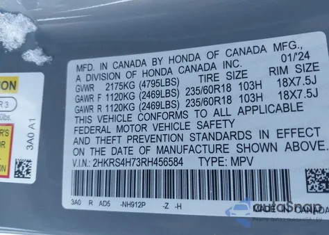 2024 Honda Cr-V Ex-L Awd from USA, damaged, VIN 2HKRS4H73RH456584